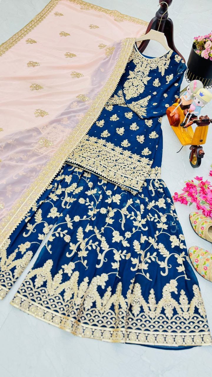 Blue Color Beautiful Sharara Dress in Georgette Fabric