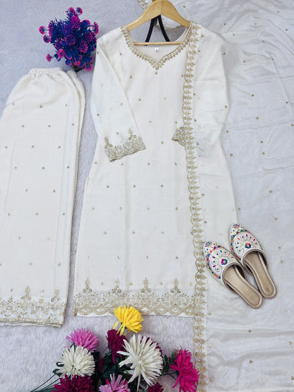 White Color Festival Wear Dress in Chinon Silk Fabric