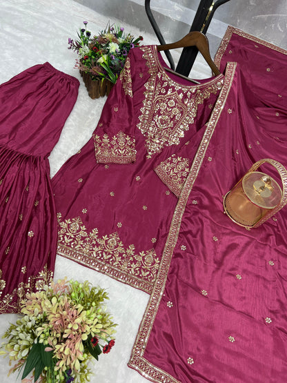 Embroidery And Sequence Worked Top-Sharara And Dupatta Set Fully Stitched Ready To Wear