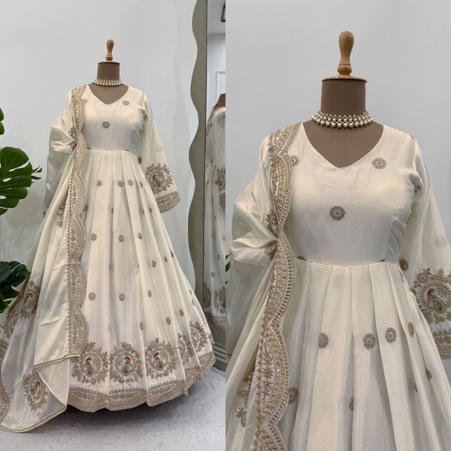 Beautiful Designer Gown On Chinon Silk Febric With Inner And Coding With Sequnce Work And Dupatta