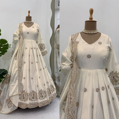 Beautiful Designer Gown On Chinon Silk Febric With Inner And Coding With Sequnce Work And Dupatta