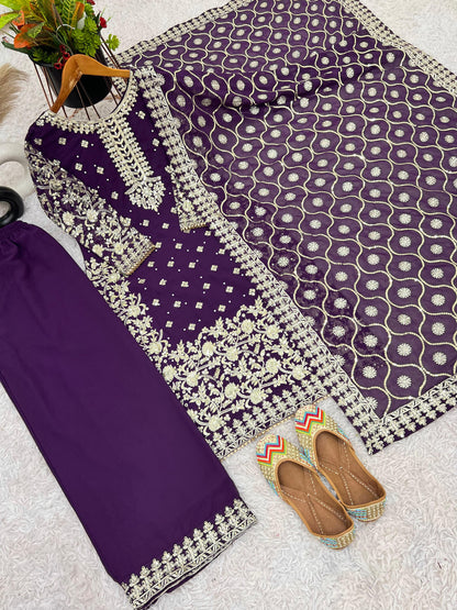 Purple Color party wear look top-plazzo and dupatta with heavy embroidery work