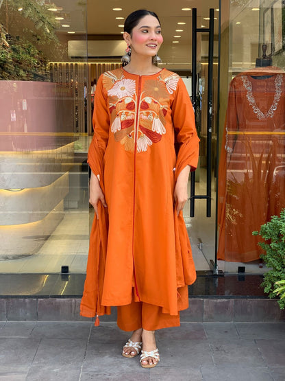 orange color office wear dress in chanderi silk fabric