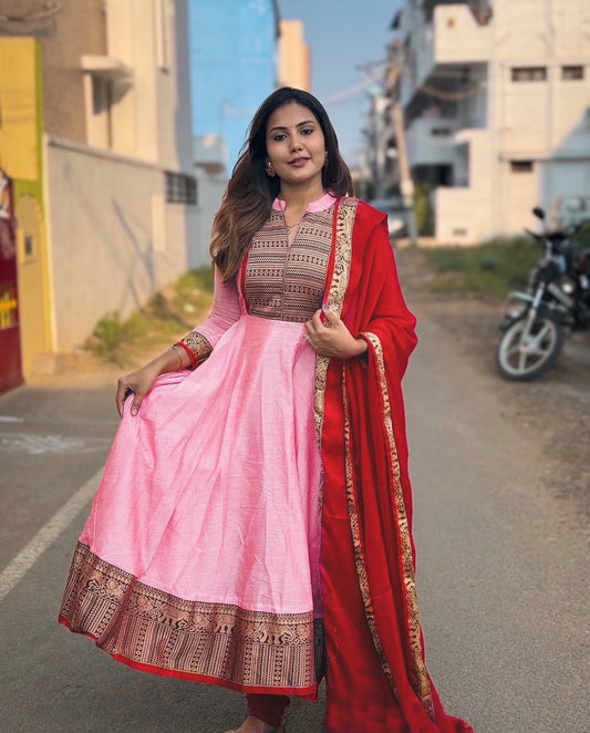 Pink Color Gown with dupatta in vichitra silk fabirc