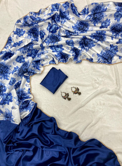 Half Half Satin Saree Collection With Beautiful Flower Print in blue color