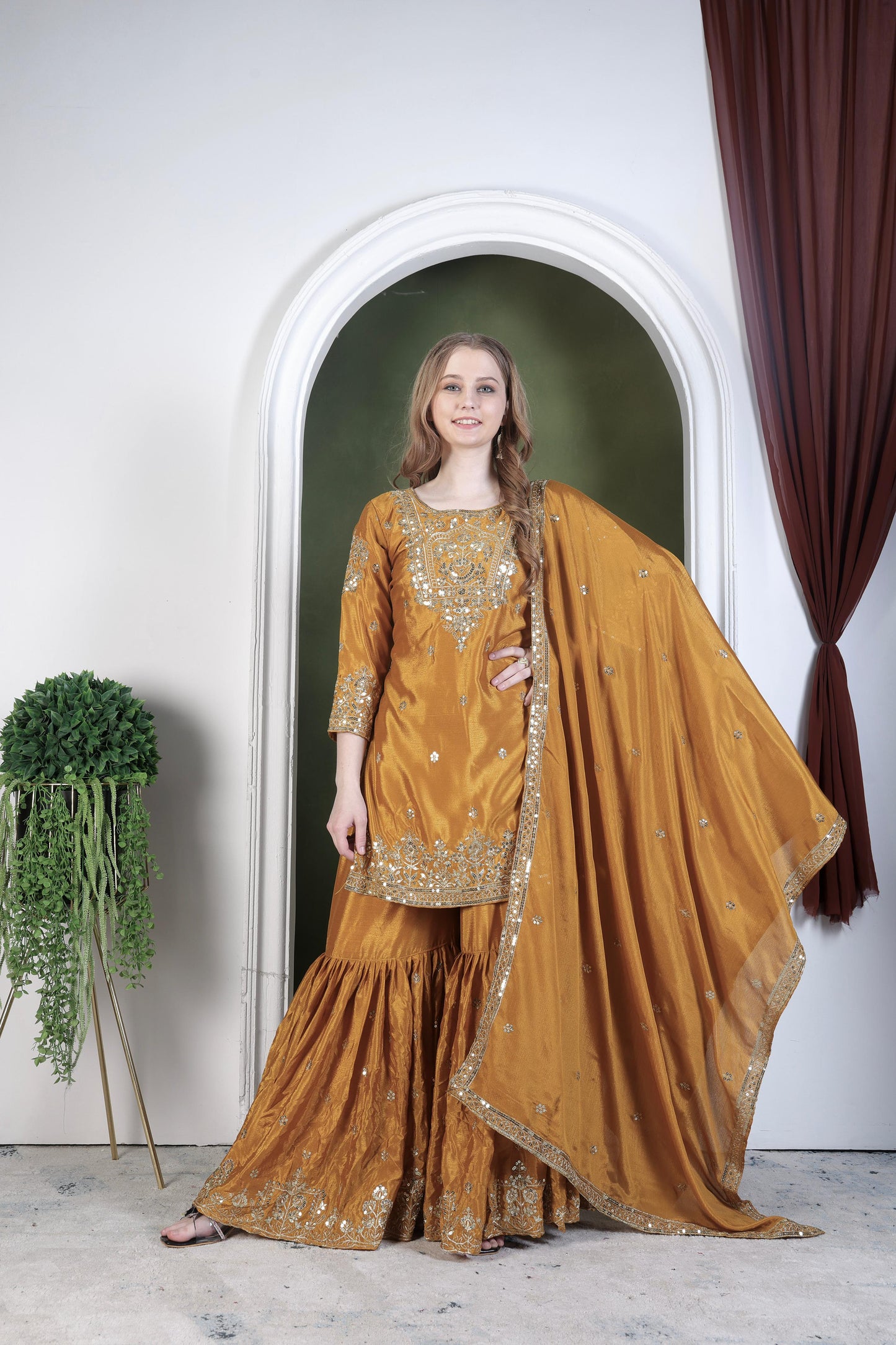 Embroidery And Sequence Worked Top-Sharara And Dupatta Set Fully Stitched Ready To Wear