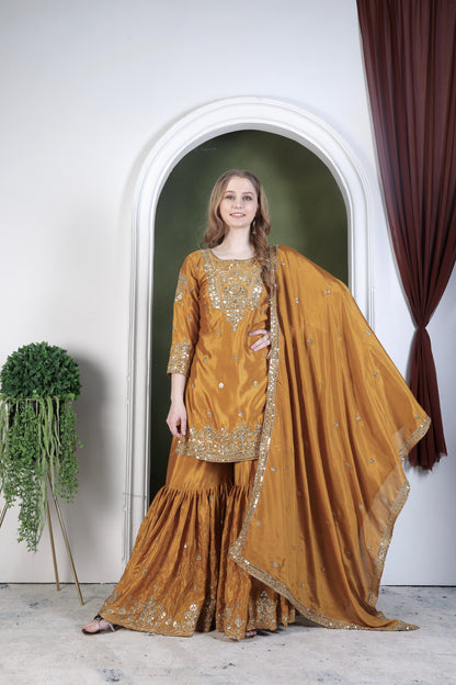 Embroidery And Sequence Worked Top-Sharara And Dupatta Set Fully Stitched Ready To Wear