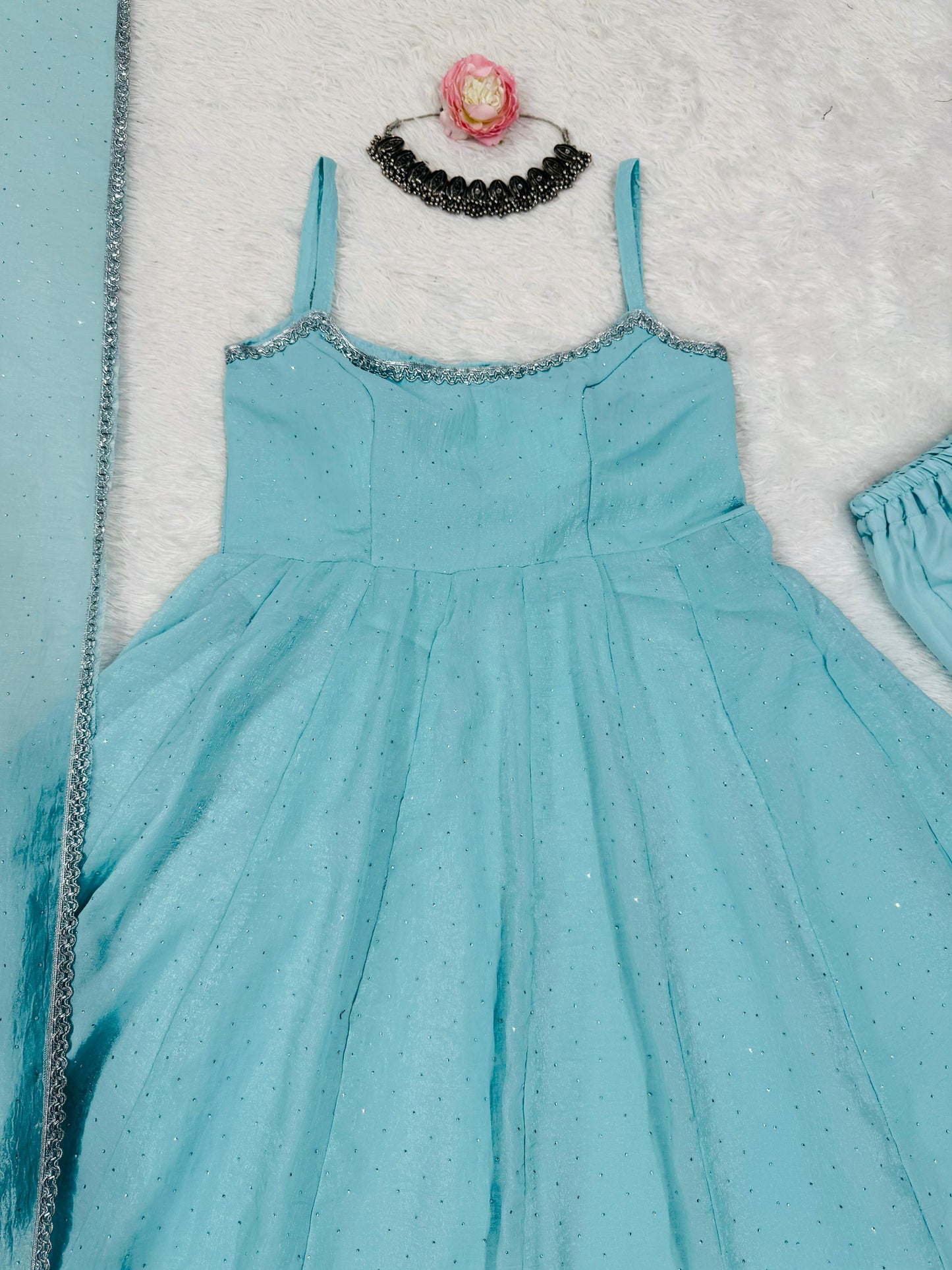 Sky BLue Color Beautiful Gown in Crush Silk Fabric