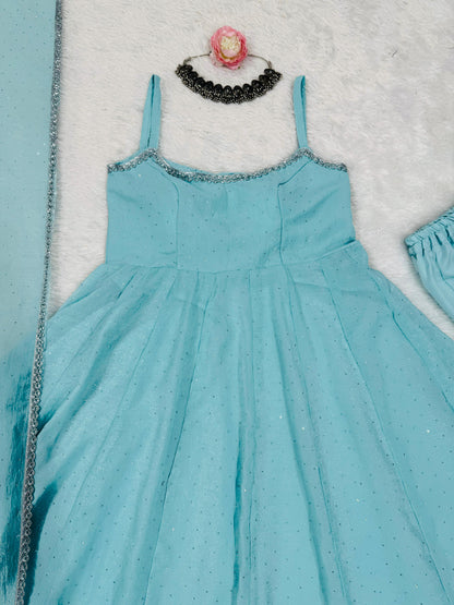 Sky BLue Color Beautiful Gown in Crush Silk Fabric