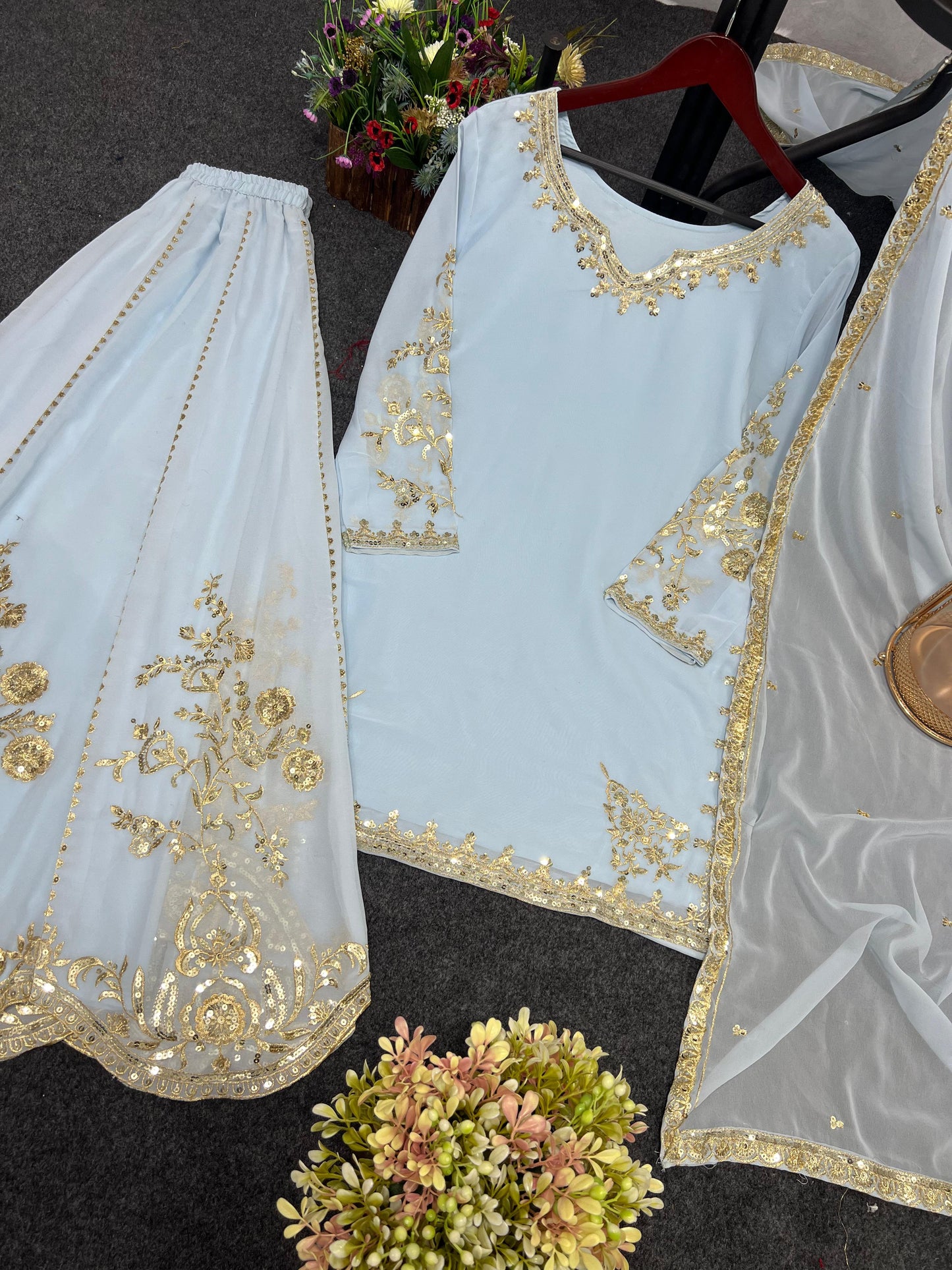 Sky BLue Color Beautiful 3 Piece Kurti With Sharara And Dupatta