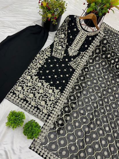 Black Color party wear look top-plazzo and dupatta with heavy embroidery work