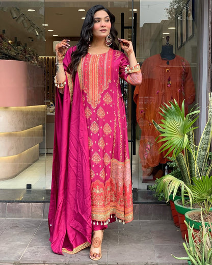 Pink Color New Pakistani Reshmi Suit Set