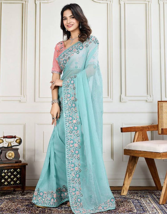 Sky BLue Color Beautiful Curnchy silk saree