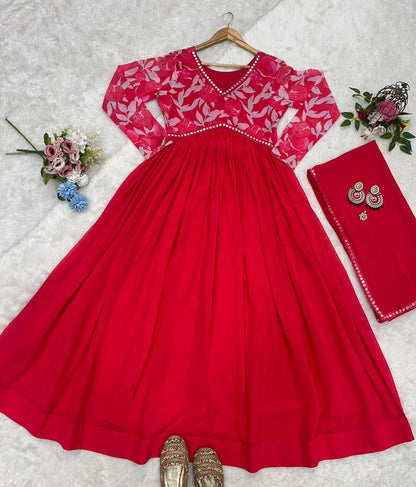 Red Color Beautiful Partywear ANarkali Dress with dupatta