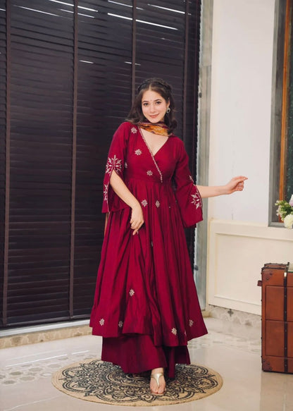 Purple Colour Beautiful Chinnon fabric With Embroidery Sequence Work Gown And Dupatta Set