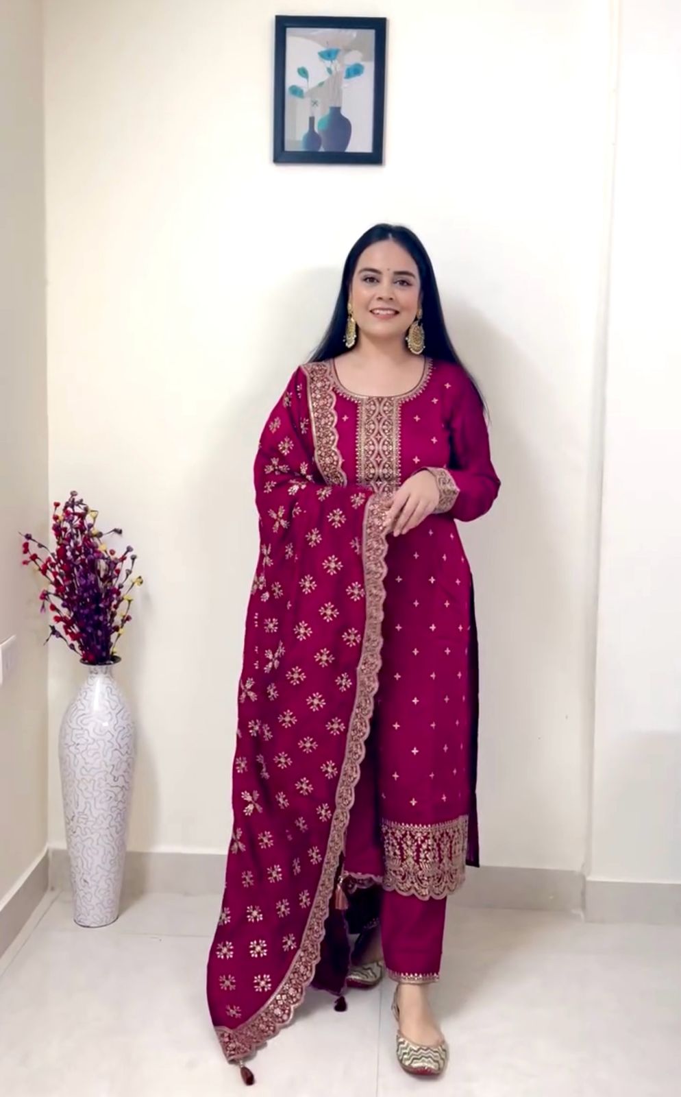 Vichitra Silk Top-Pent And Dupatta Set Fully Stitched Ready To Wear