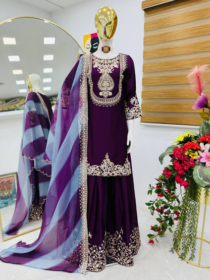 Designer Party Top Sharara & Dupatta Set in purple color
