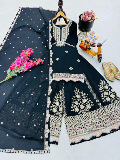 Designer Party Top Sharara & Dupatta Set in black color