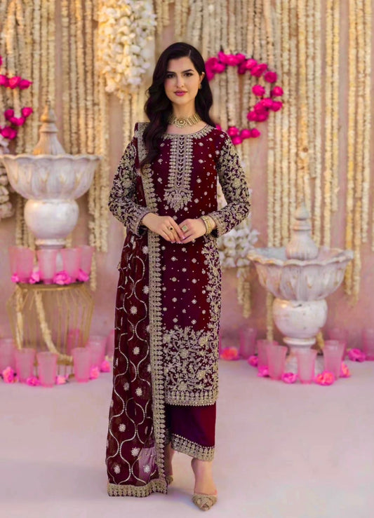 Red Color party wear look top-plazzo and dupatta with heavy embroidery work