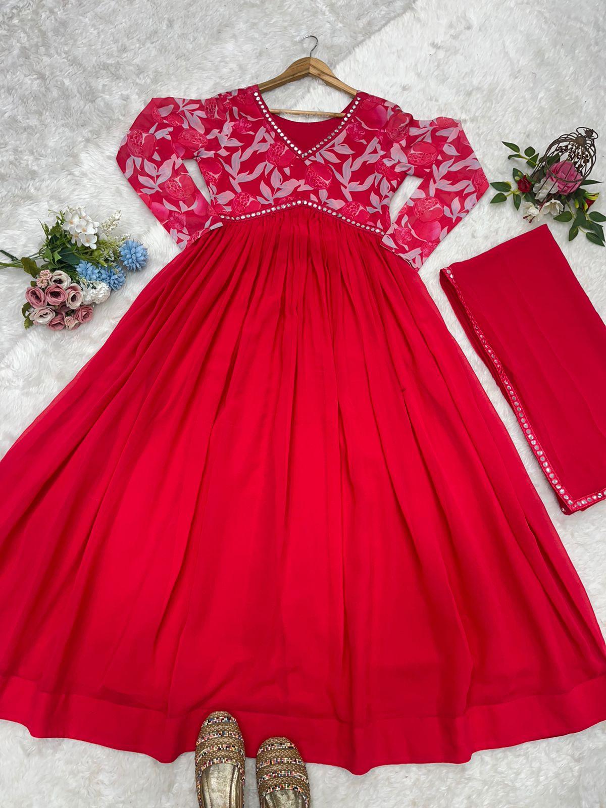 Red Color Beautiful Partywear ANarkali Dress with dupatta
