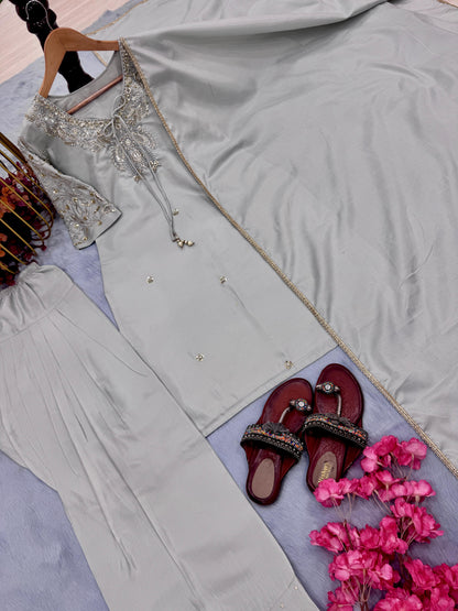 Party Wear Look Pur Natural Crepe Top & Farshi Palazzo With Dupatta Set