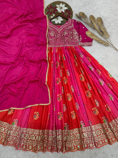 Pink Color ANarkali Gown in Silk Fabric with embroidery work