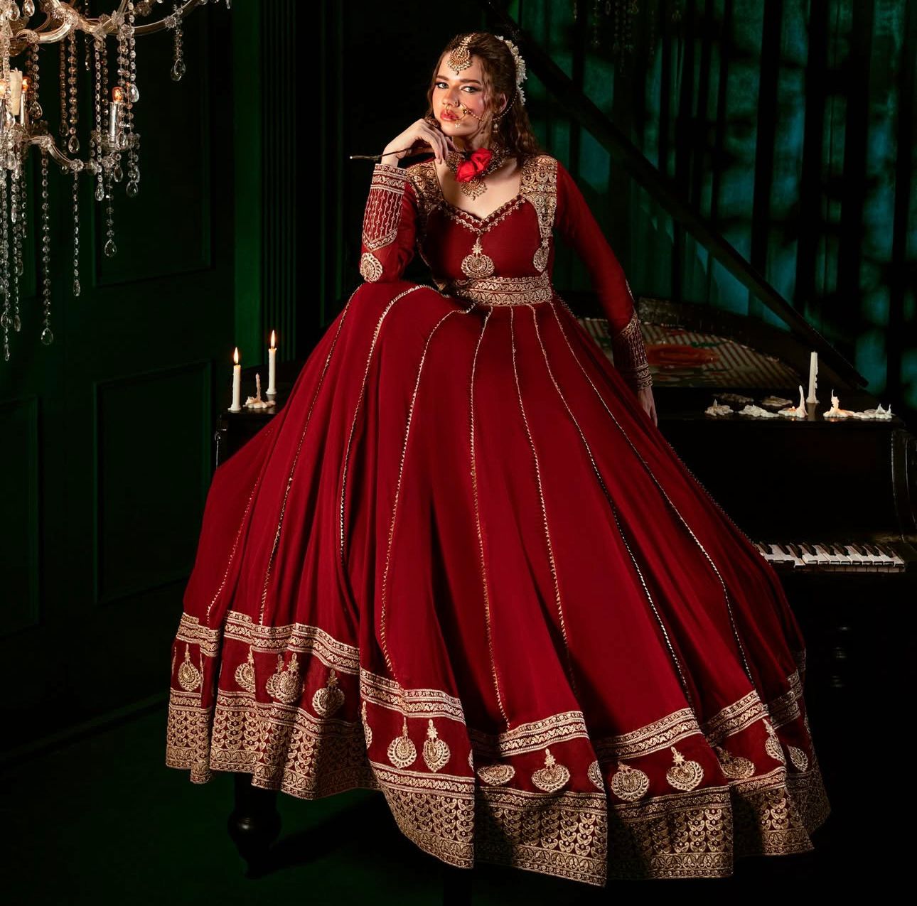 Red Color Beautiful party wear look heavy fox georgette gown pent & dupatta set