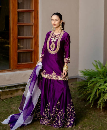 Purple Color Partywear Sharara Suit in chinon silk fabric