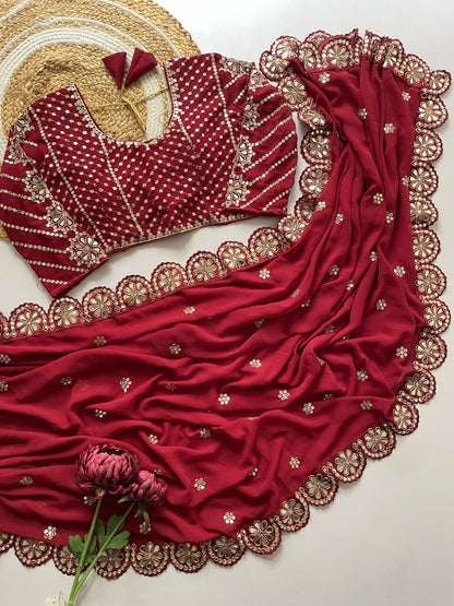 Red Maroon Color Beautiful Partywear Saree