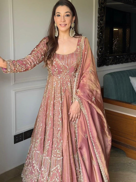 Crunchy Silk Beautiful Plazzo suit in pink color