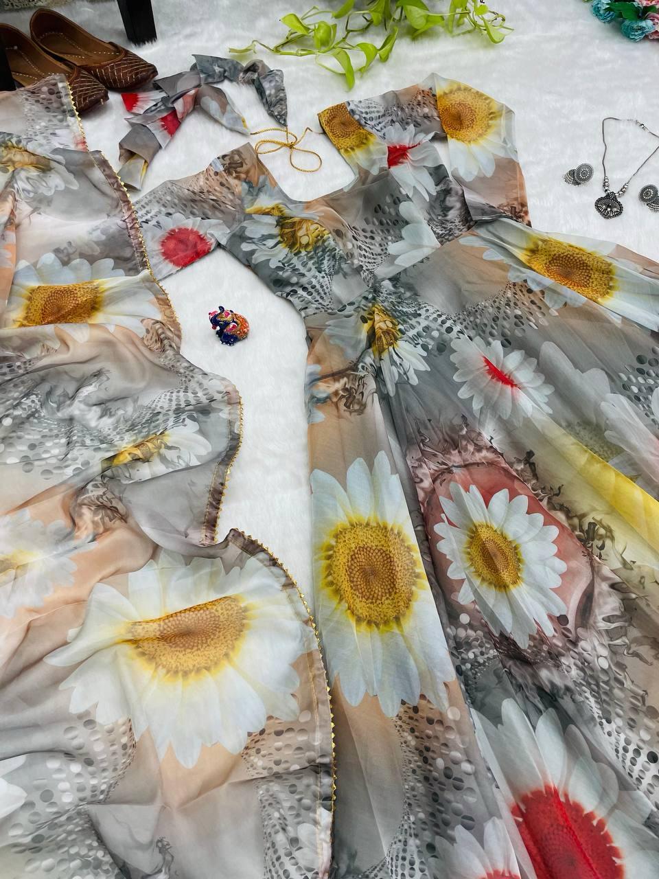 Party Wear Look Organza Taby Silk Gown With Dupatta Pant