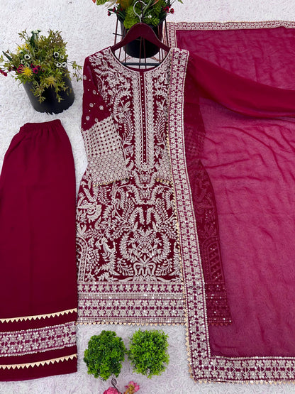 party wear look top-plazzo and dupatta with heavy embroidery work