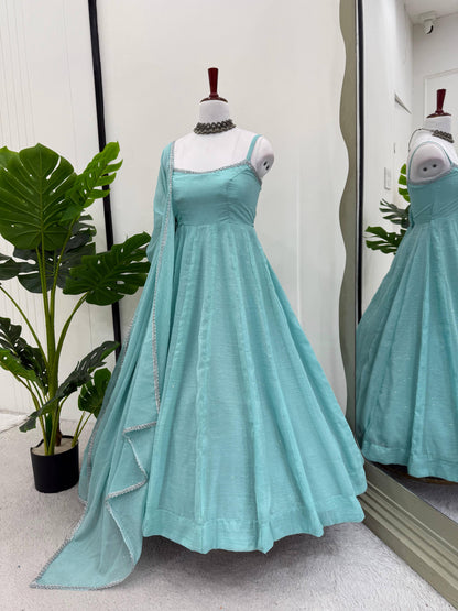 Sky BLue Color Beautiful Gown in Crush Silk Fabric