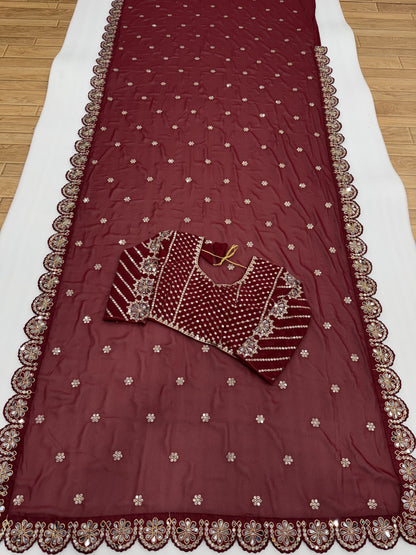Red Maroon Color Beautiful Partywear Saree