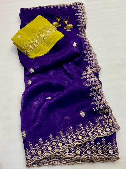 Chiffon Silk Saree with beautiful embroidery in blue color
