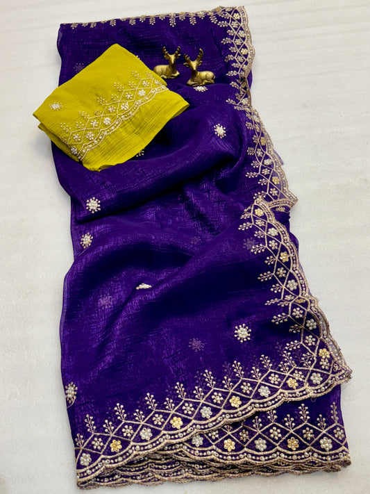 Chiffon Silk Saree with beautiful embroidery in blue color