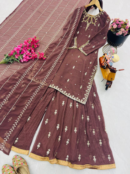 Designer Party Top Pallazo & Dupatta Set
