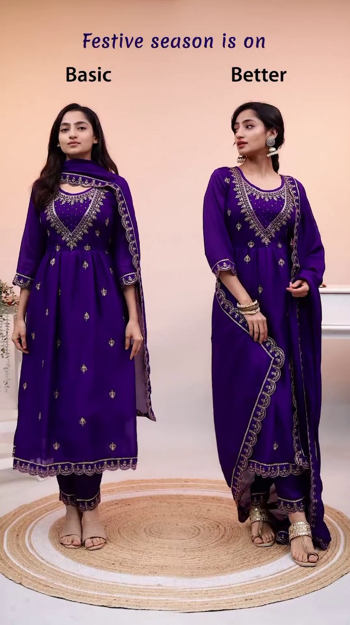 Purple Color Traditional Dress in Chinon Fabric