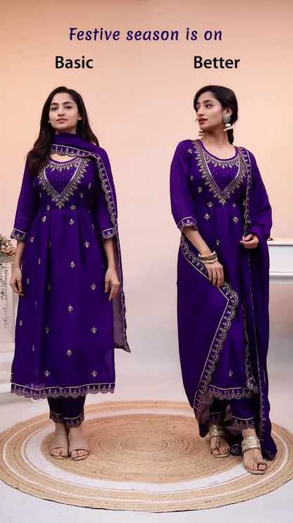 Purple Color Traditional Dress in Chinon Fabric