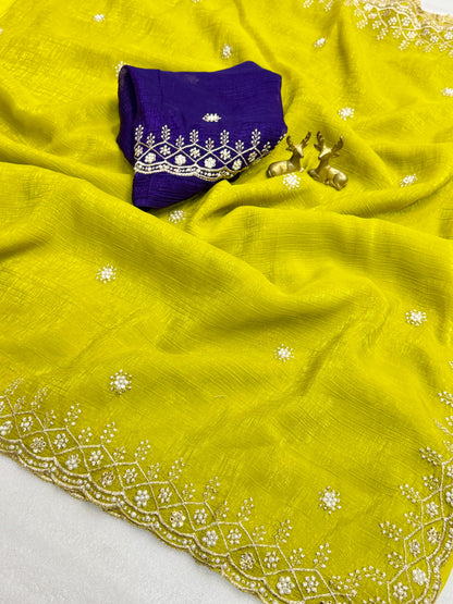 Chiffon Silk Saree with beautiful embroidery in lemon color