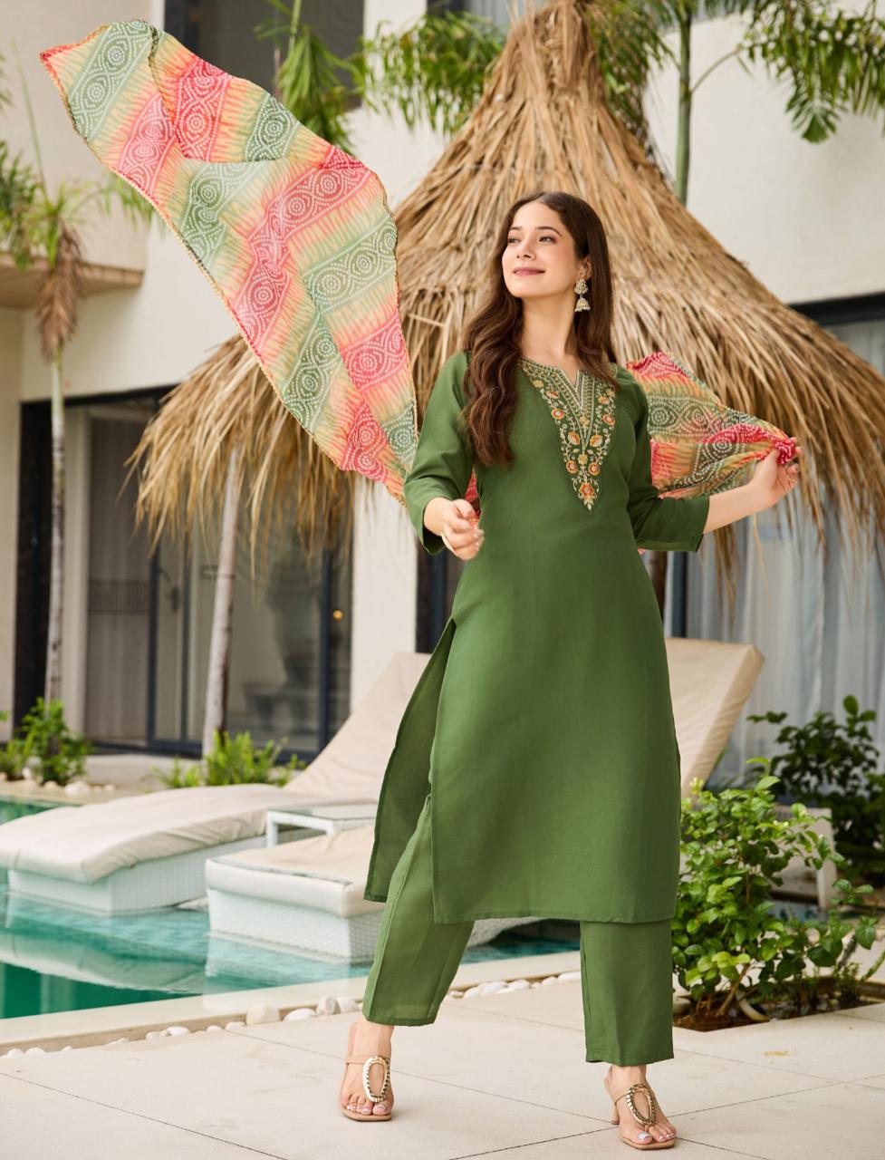 rayon embroidered straight kurta with pant and dupatta sets