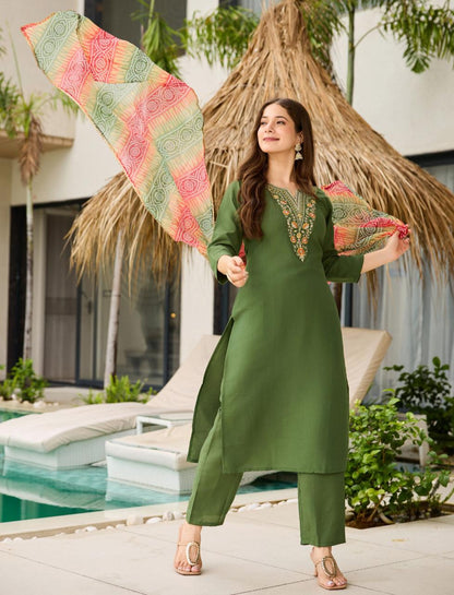 rayon embroidered straight kurta with pant and dupatta sets