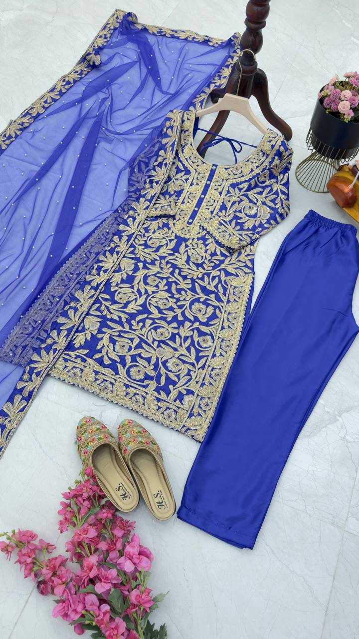 BLue Color PArtywear Dress in Chinon Fabric