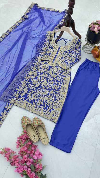 BLue Color PArtywear Dress in Chinon Fabric