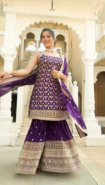purple colour beautiful partywear sharara dress