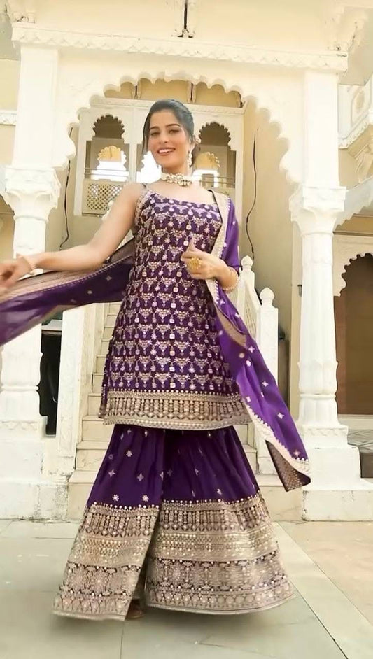 purple colour beautiful partywear sharara dress