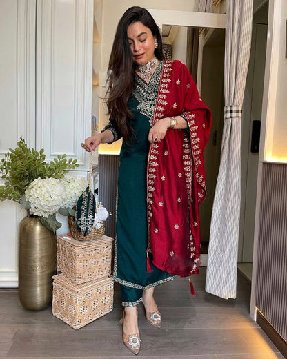 Festival Collection In Chinnon And Heavy Embroidery Sequence Work Top-Bottom And Dupatta Set