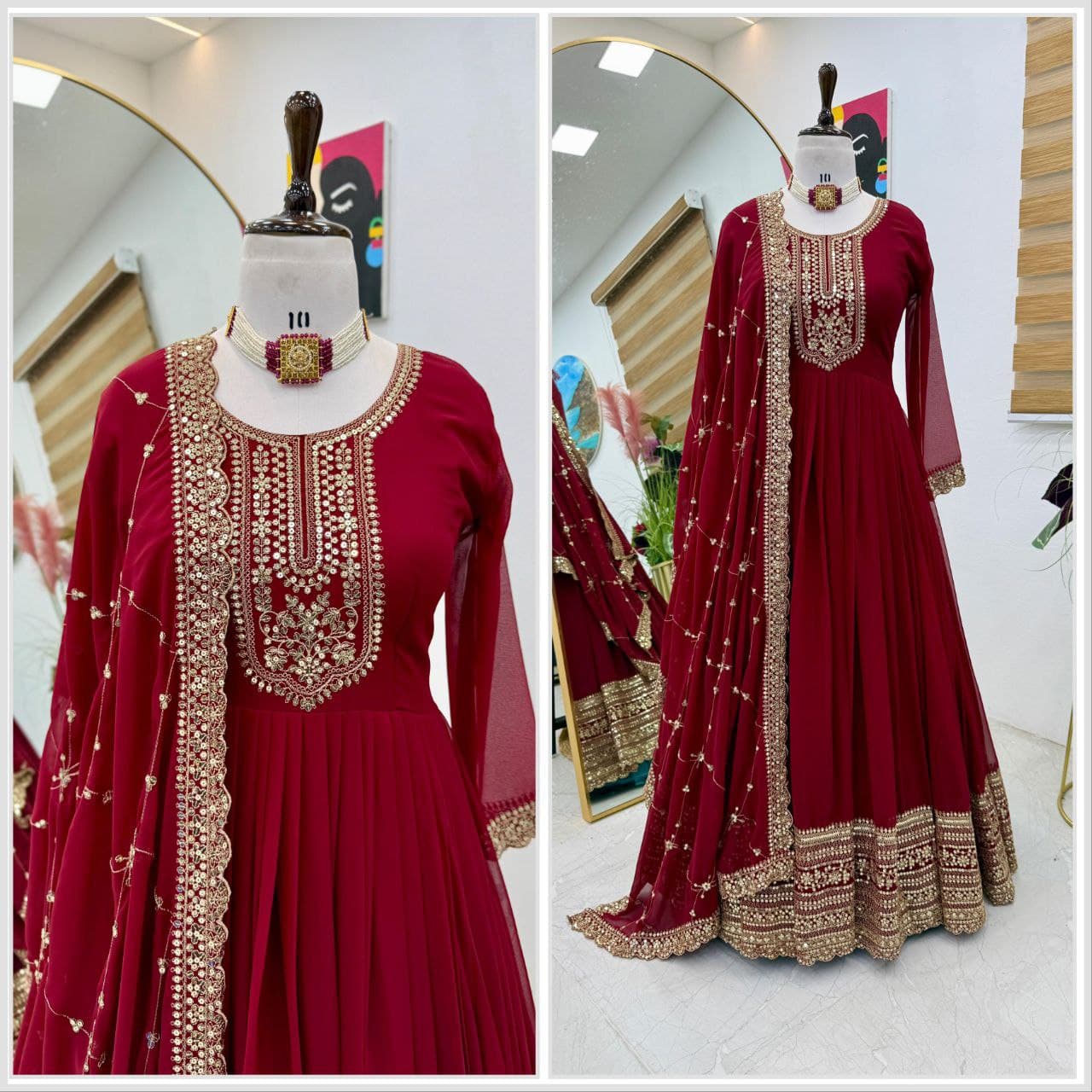 Designer Party Gown & Dupatta Set in red color