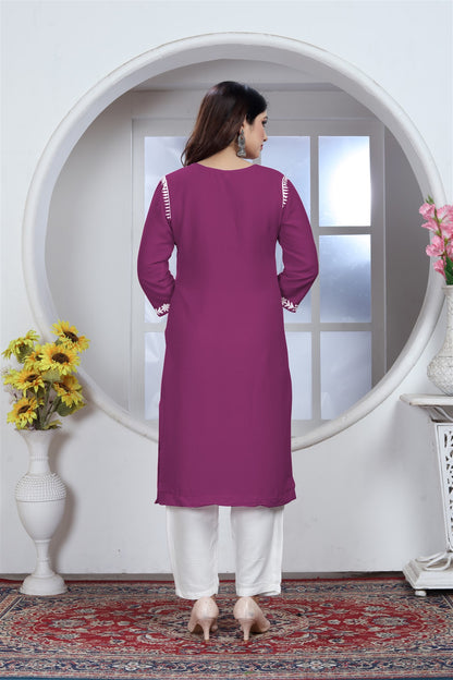 Rayon Elegant Chikankari Kurti With Pant Set in Color Wine