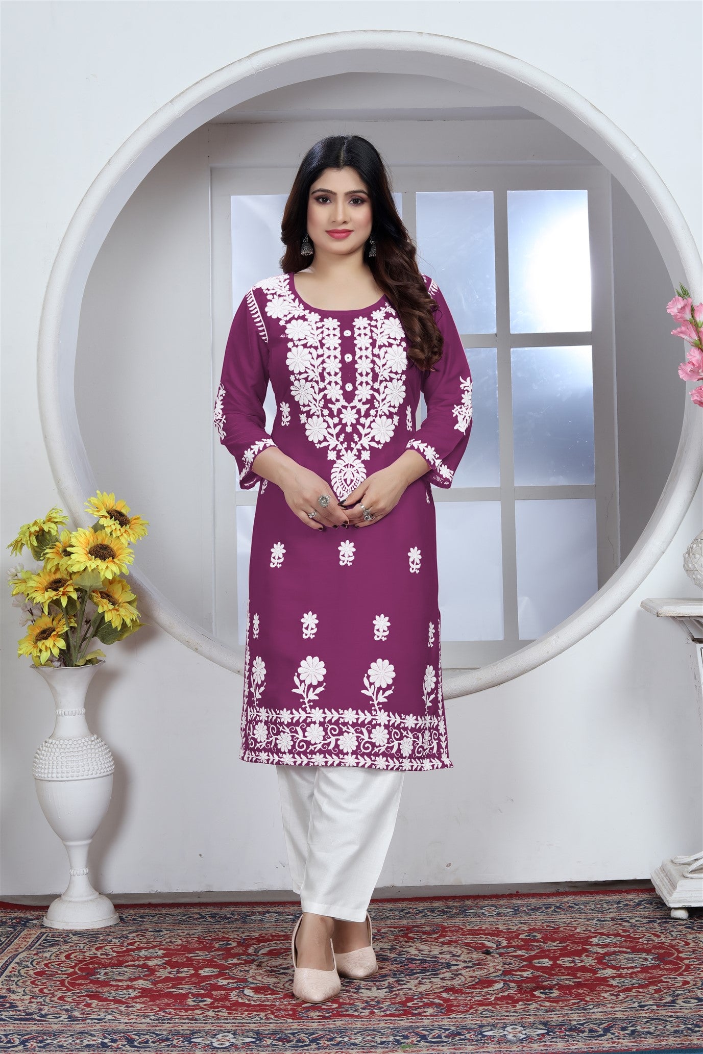 Rayon Elegant Chikankari Kurti With Pant Set in Color Wine